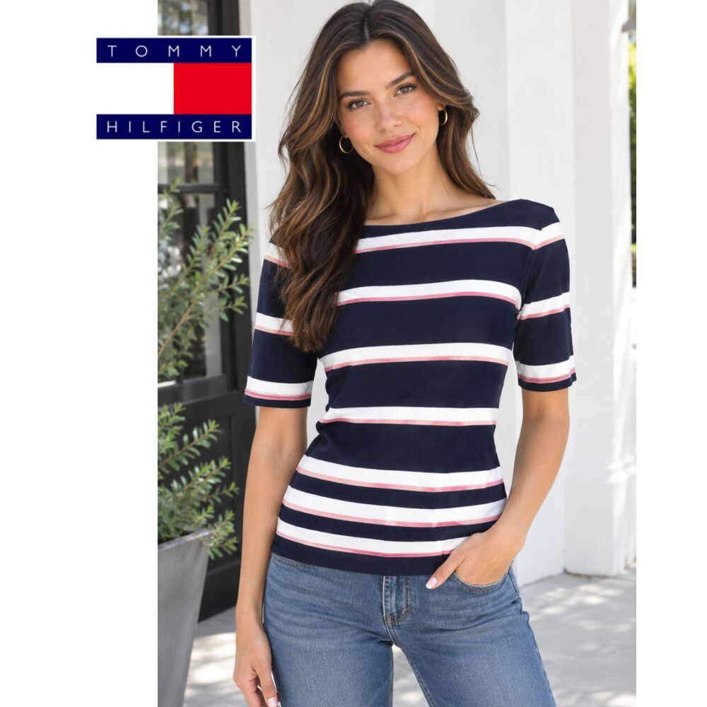 Tommy Hilfiger Blue Striped Quarter Sleeve Boatneck Top